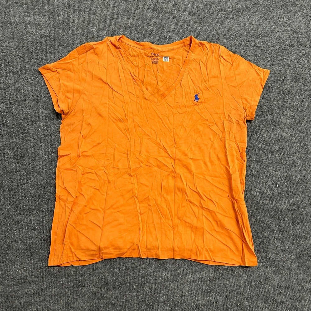 Polo Ralph Lauren T-Shirt Womens Size L Orange V-Neck Cotton Classic Pony Stain